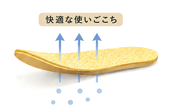 薄型、通気性、滑り止め加工を表したインソールの図